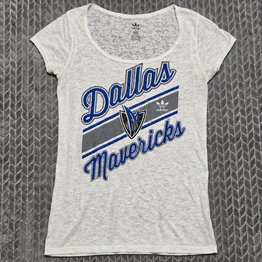 Adidas Dallas Mavericks Burnout Graphic T-Shirt Womens Small White Blue Sheer